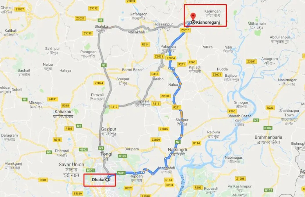  Dhaka to Kishoreganj Distance Map