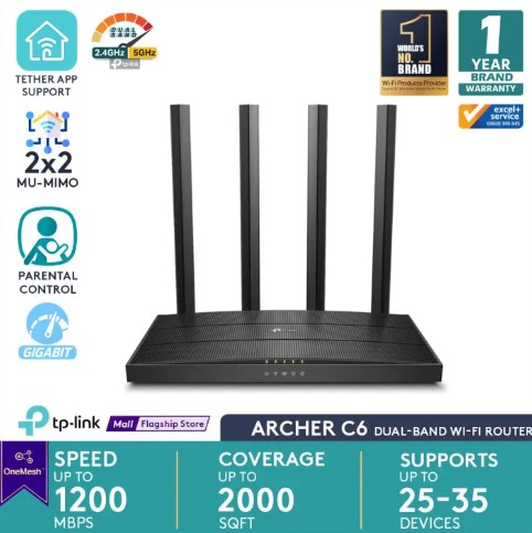 TP-Link Archer C6 V4 AC1200 Wireless Full Gigabit MU-MIMO Dual Band WiFi Router Supports 802.11ac Standard